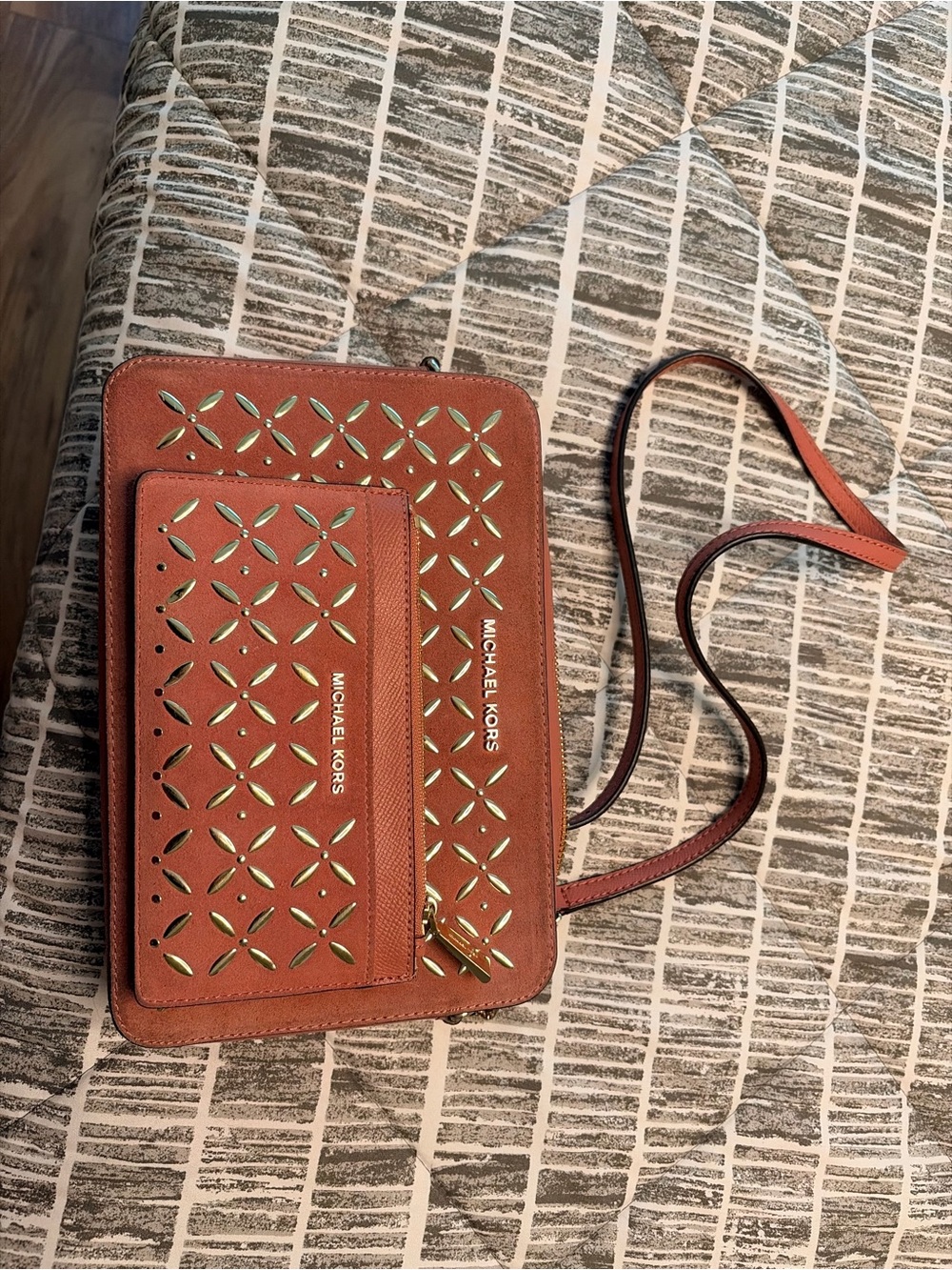 Michael Kors Dusty Rose Perforated Crossbody with Gold Accents and Wallet